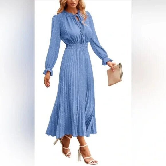 PrettyGarden Dresses & Skirts - PrettyGarden Spring Fall Midi Dress Long Sleeve V-Neck Swiss Dot Pleated 2XL NWT